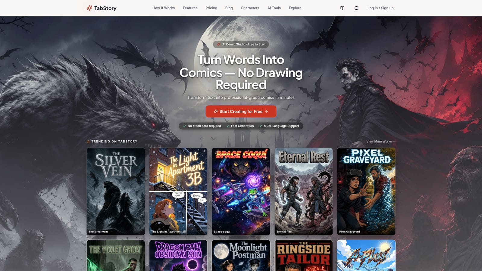 Tab Story — Open the comic studio and start a project