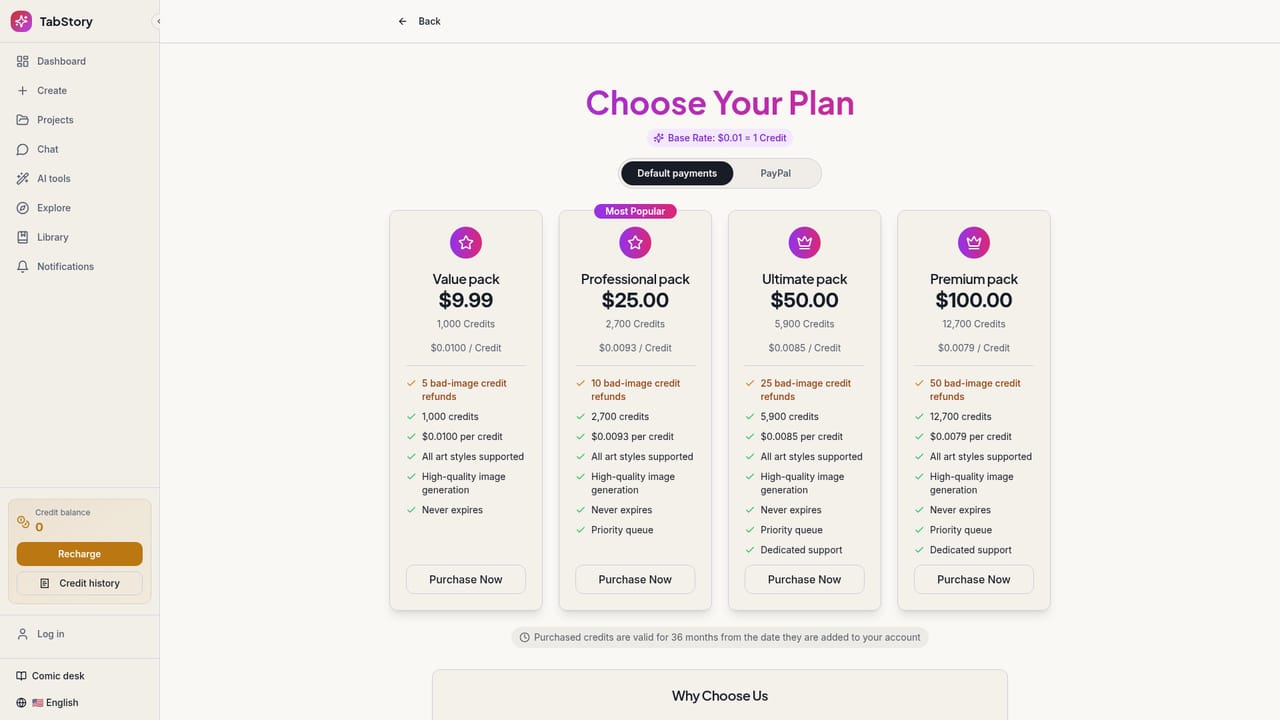 Tab Story — Check credit packs before a larger project