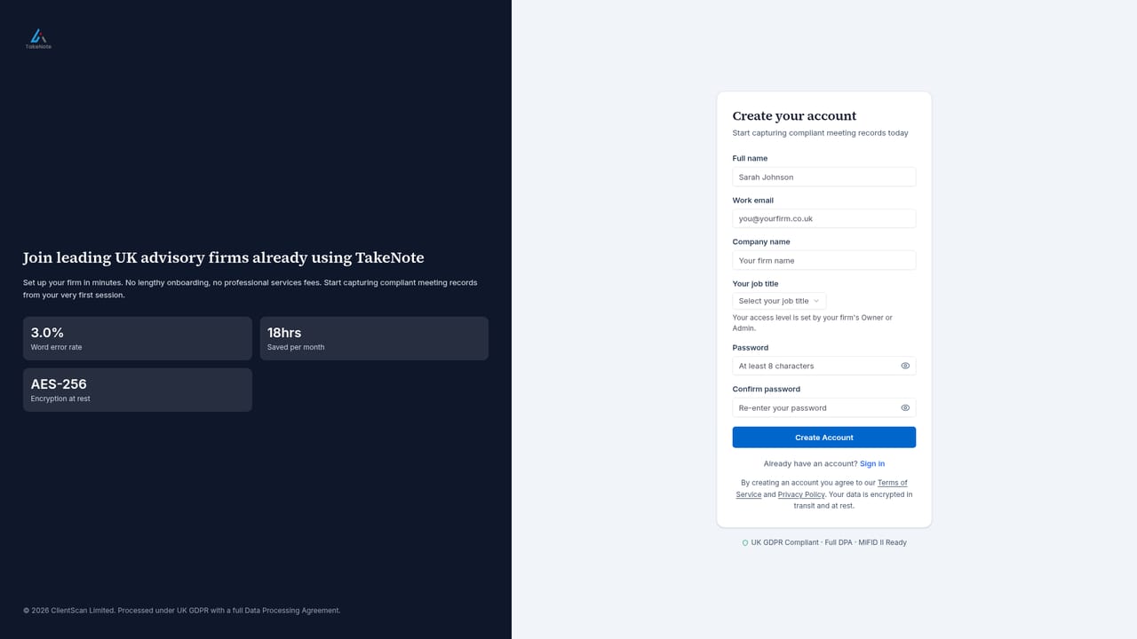 TakeNote — Create a free account