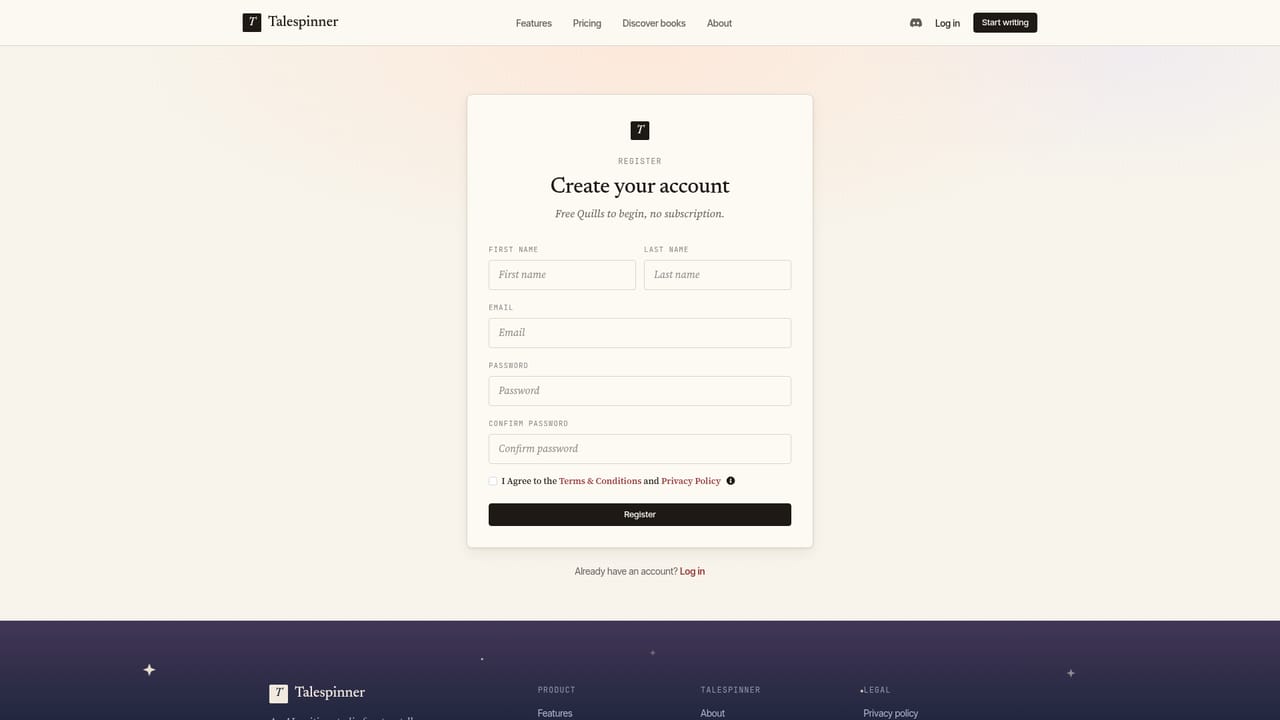Talespinner — Create an account and collect your free Quills