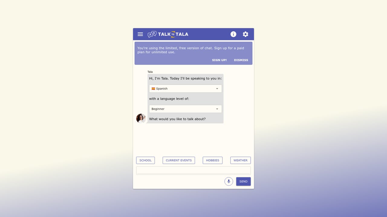 Talk to Tala — Open the chat and start a free session