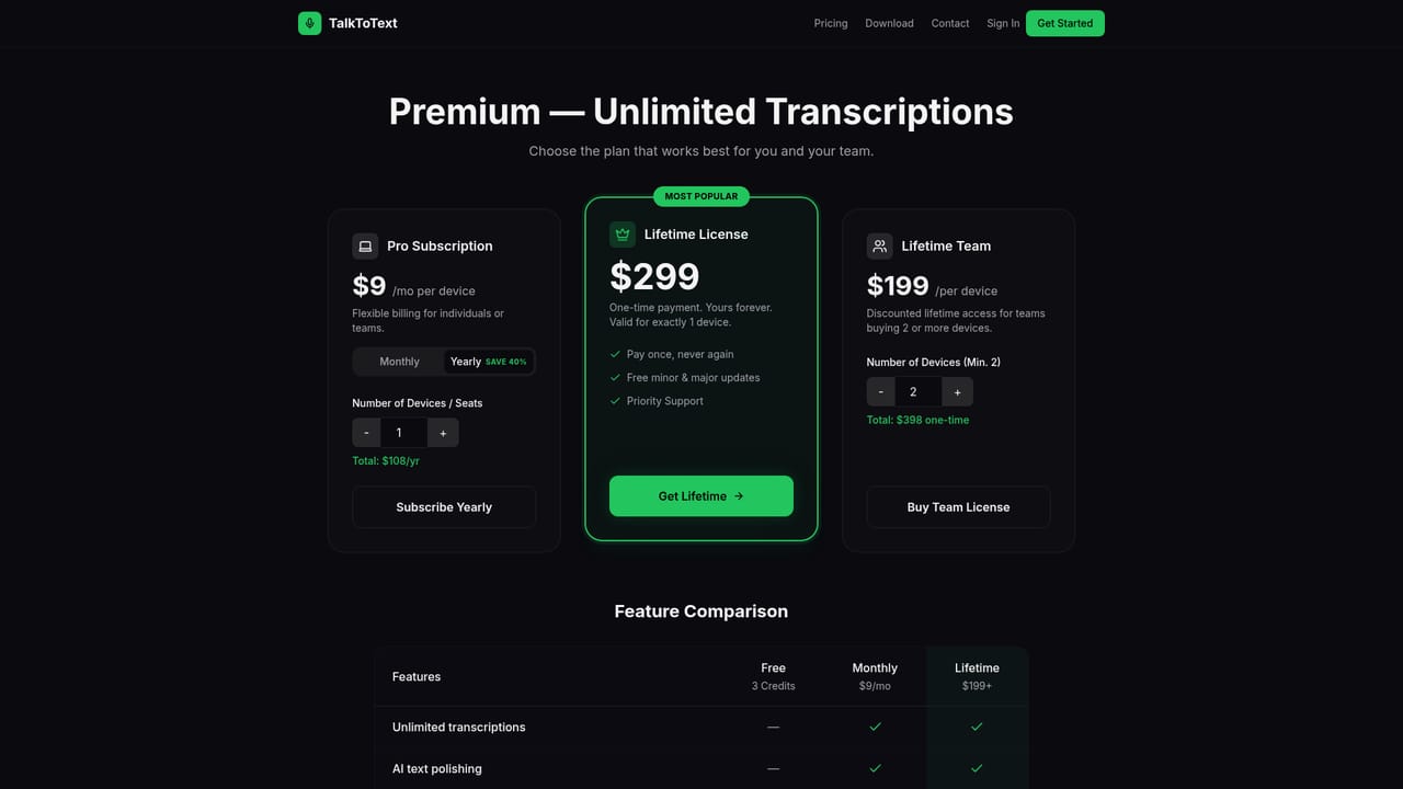 TalkToText — Review pricing and pick a plan