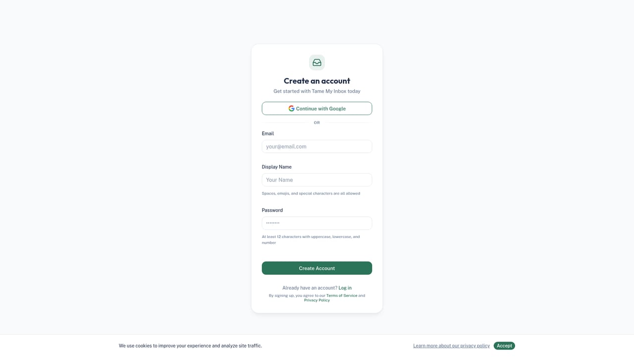 Tame My Inbox — Create your account