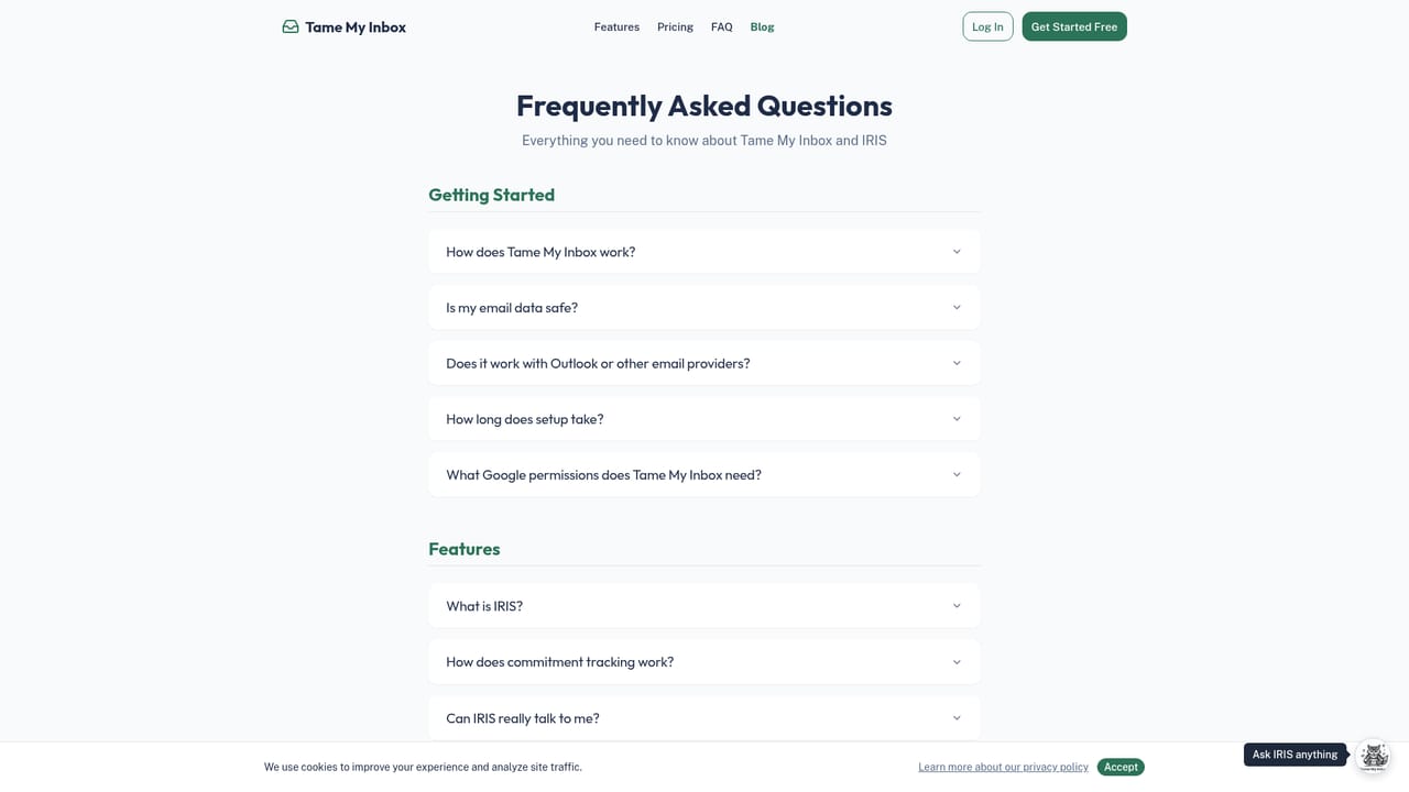 Tame My Inbox — Check the FAQ for limits and data questions