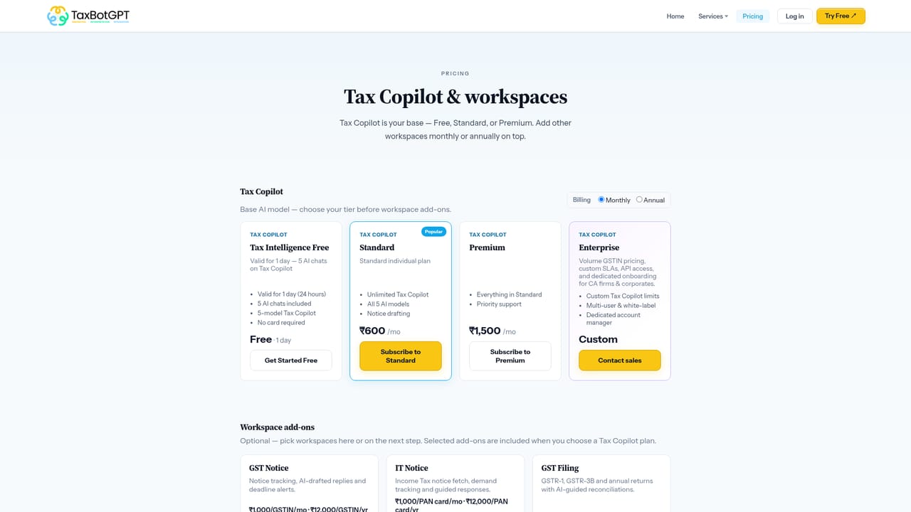 TaxBotGPT — Choose a plan or start on the free tier