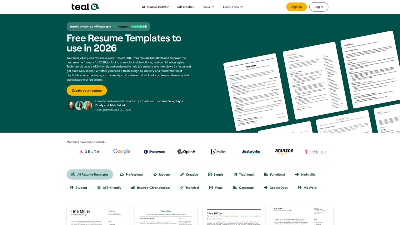 Teal Resume Builder — Pick a template and arrange sections