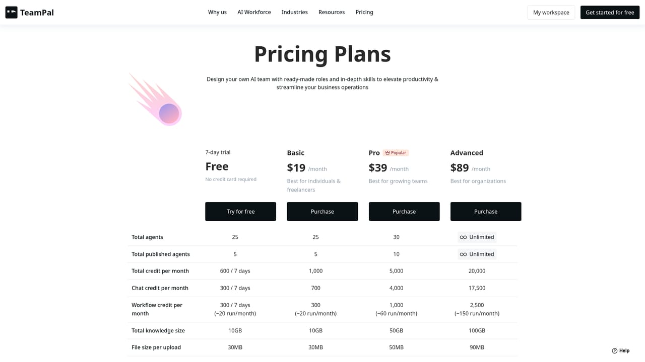 TeamPal — Review plan options
