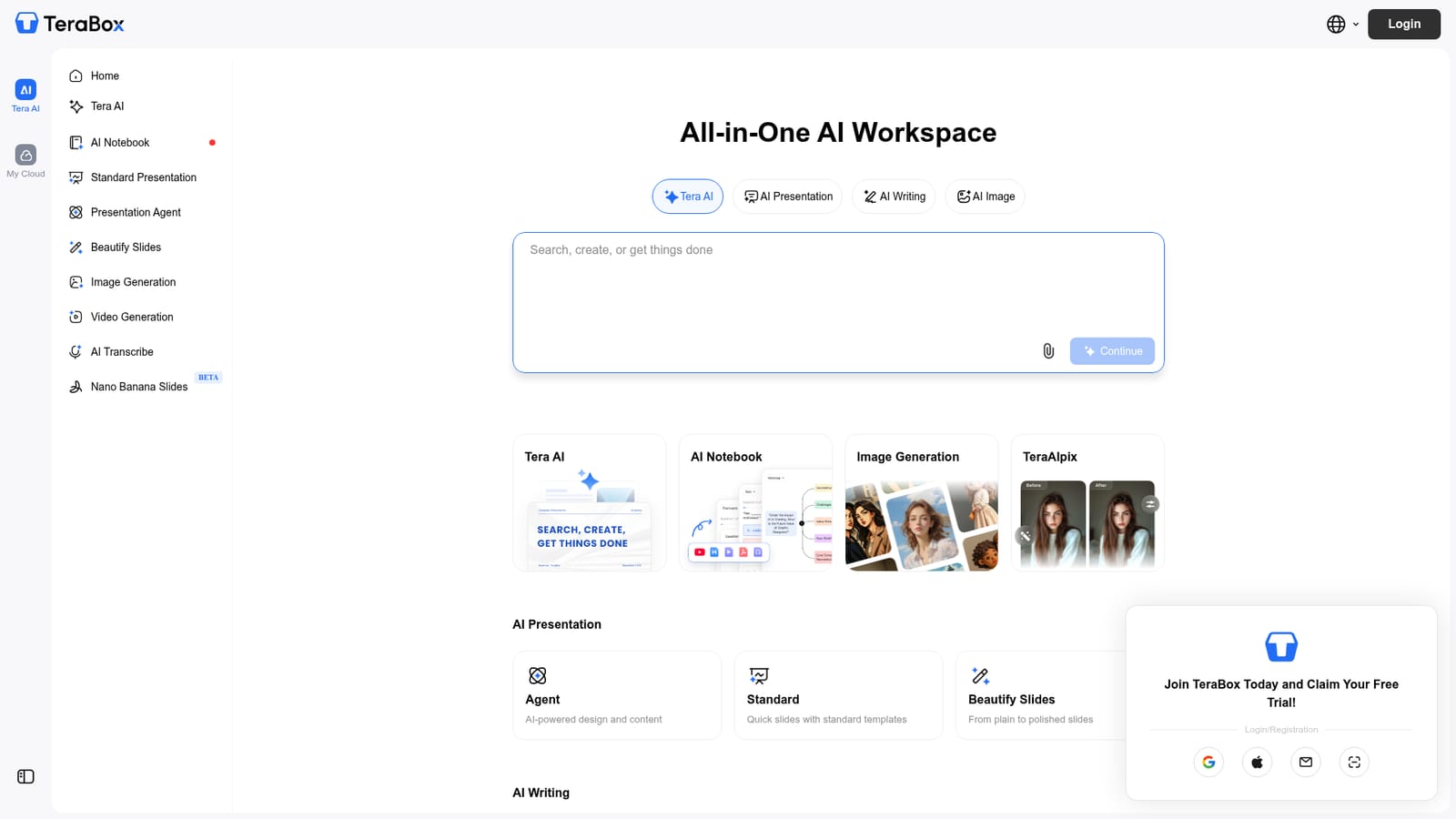 TeraBox — Choose a starting point on the workspace homepage