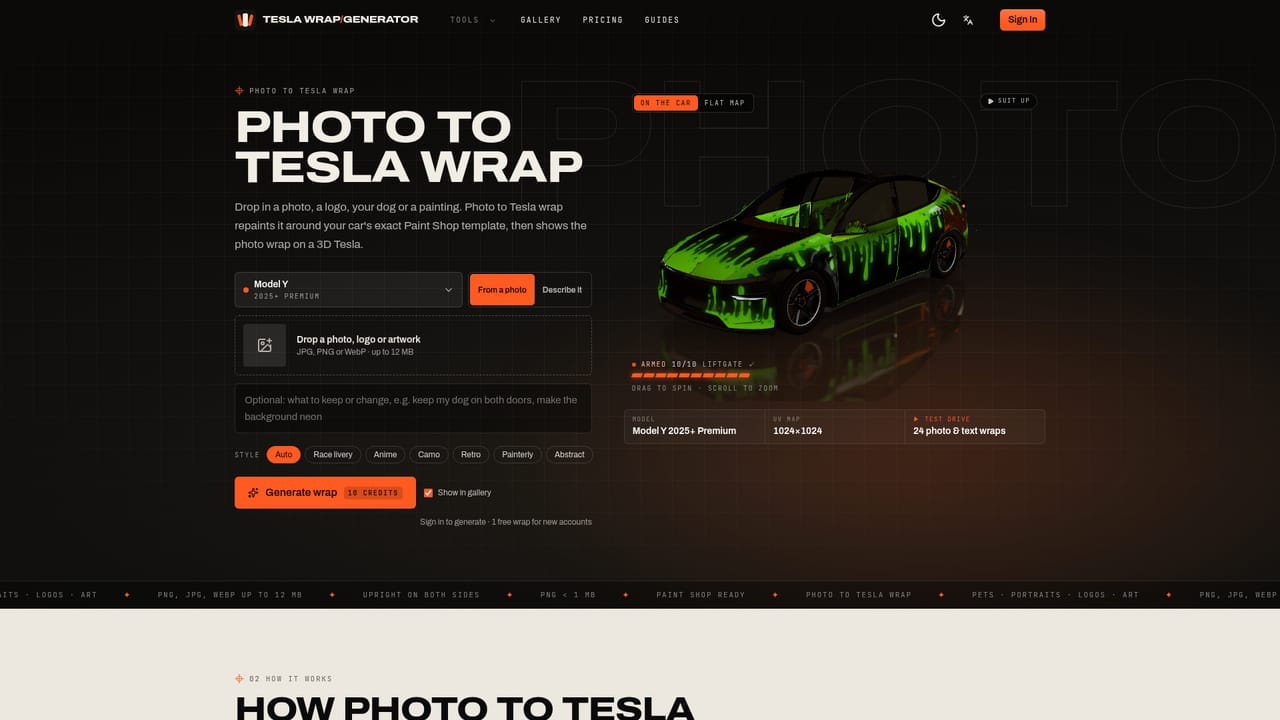 Tesla Wrap Generator — Describe the wrap or upload a photo
