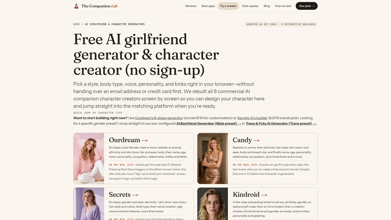 The Companion Lab — Try a character creator without an account