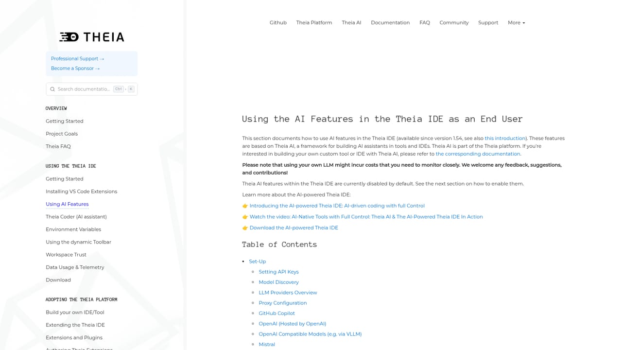 Theia IDE — Connect your AI provider with your own key