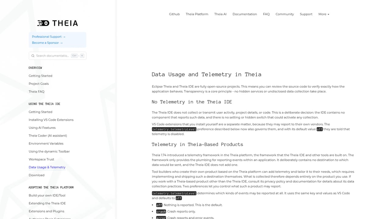 Theia IDE — Add extensions and confirm data handling
