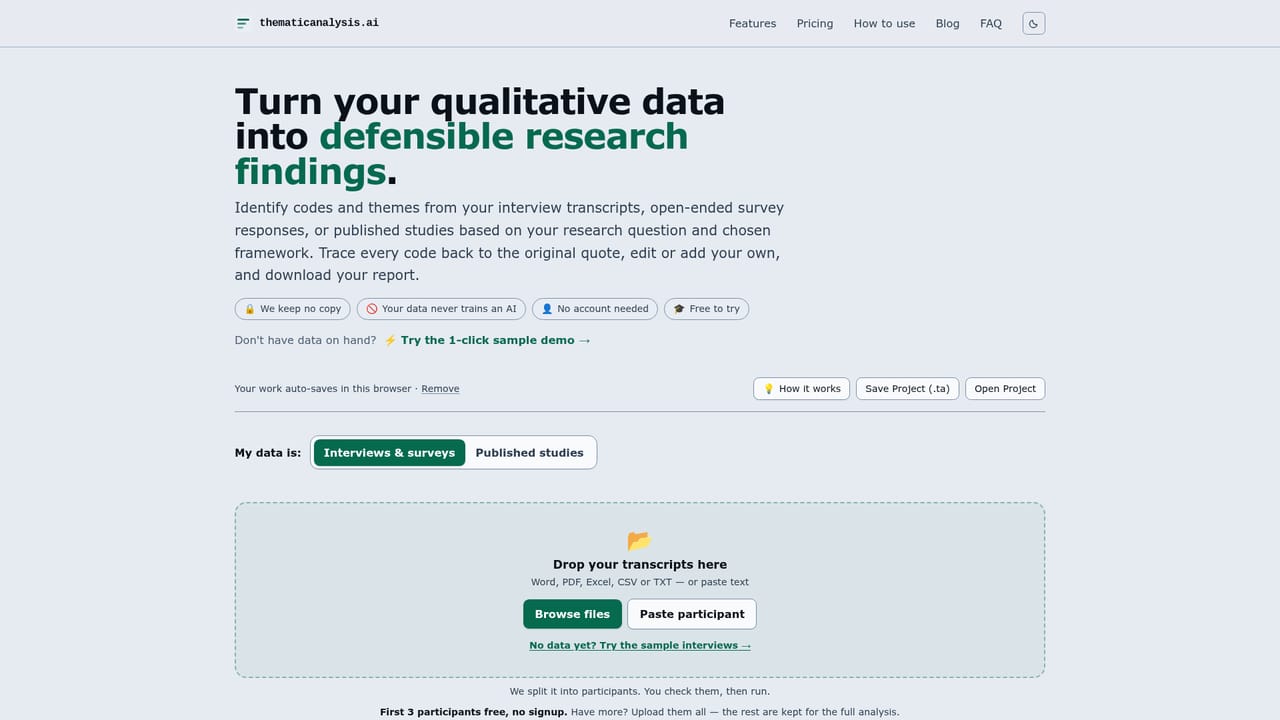 thematicanalysis.ai — Open the analysis workspace and pick your data mode