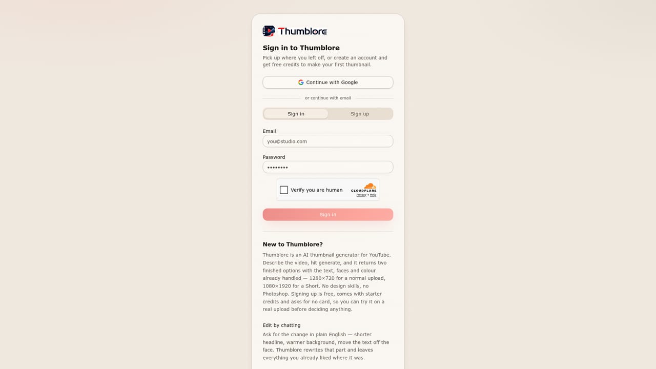 Thumblore — Sign up and collect free credits