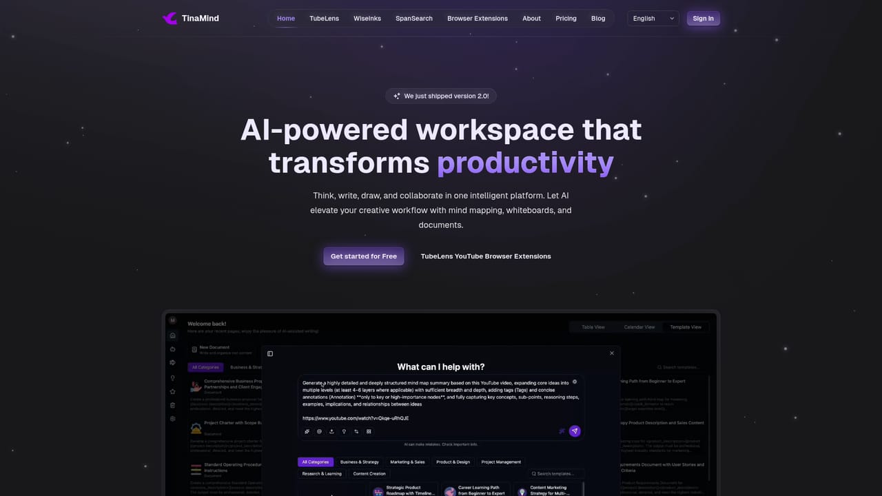 TinaMind — Create a free account and open the workspace