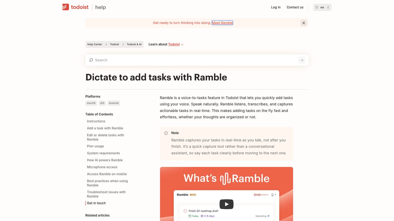 Todoist Ramble — Read the dictation guide