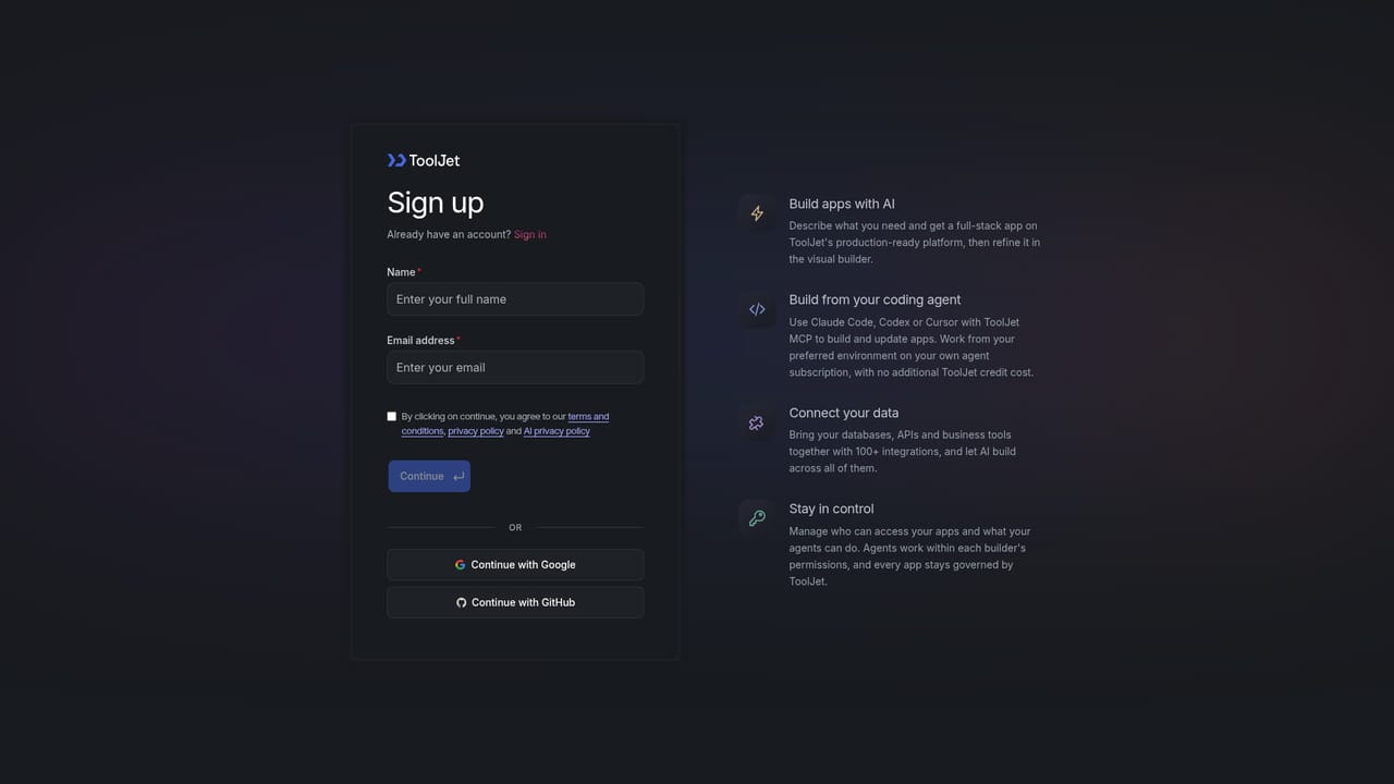 ToolJet — Create a ToolJet account