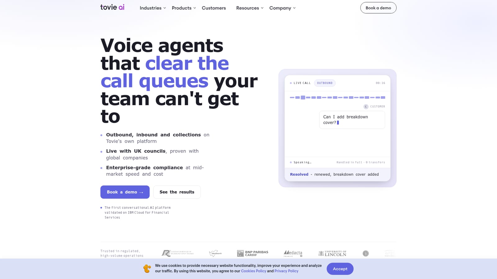 Tovie — Book a demo and pick the queue you want handled