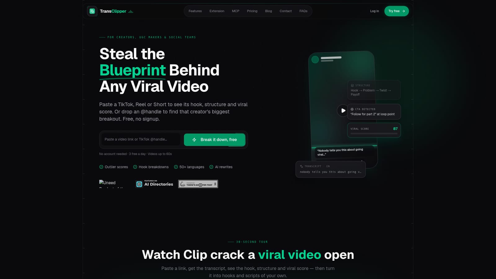 TransClipper — Break down a video without an account