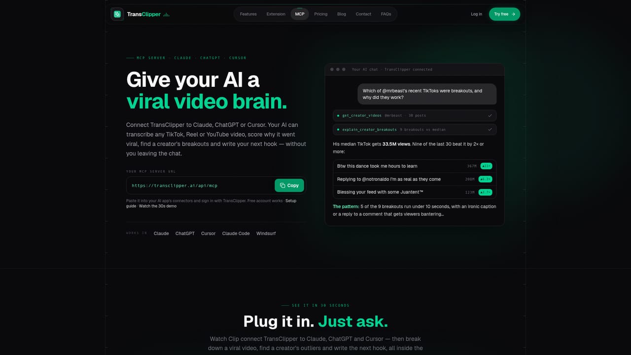 TransClipper — Connect the MCP server to your AI assistant