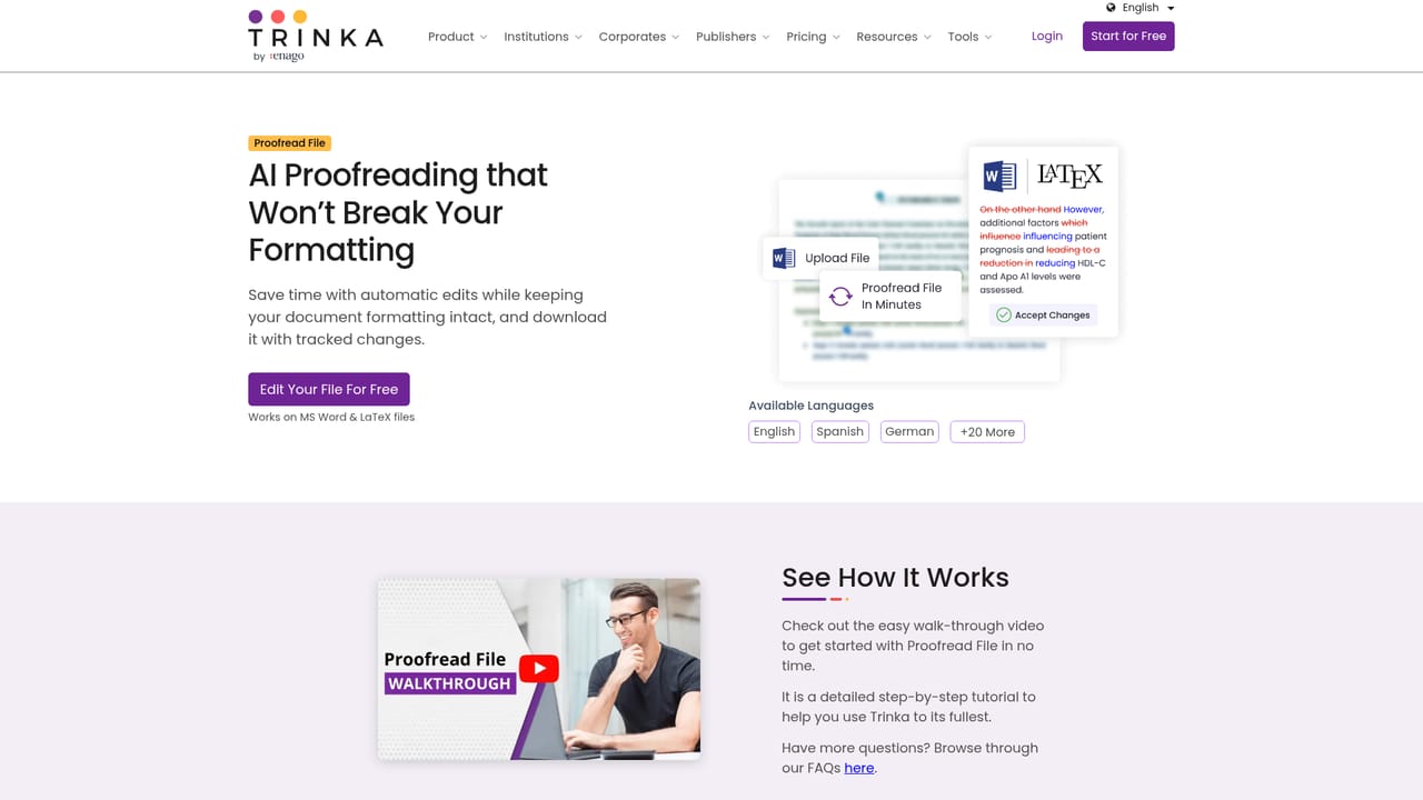 Trinka AI — Upload a full manuscript for proofreading