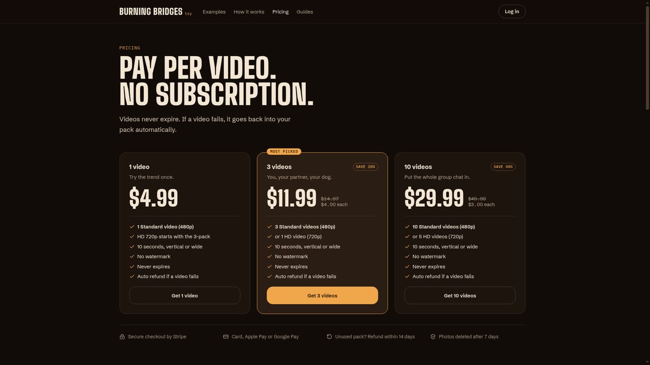 TryBurningBridges — Buy a video pack