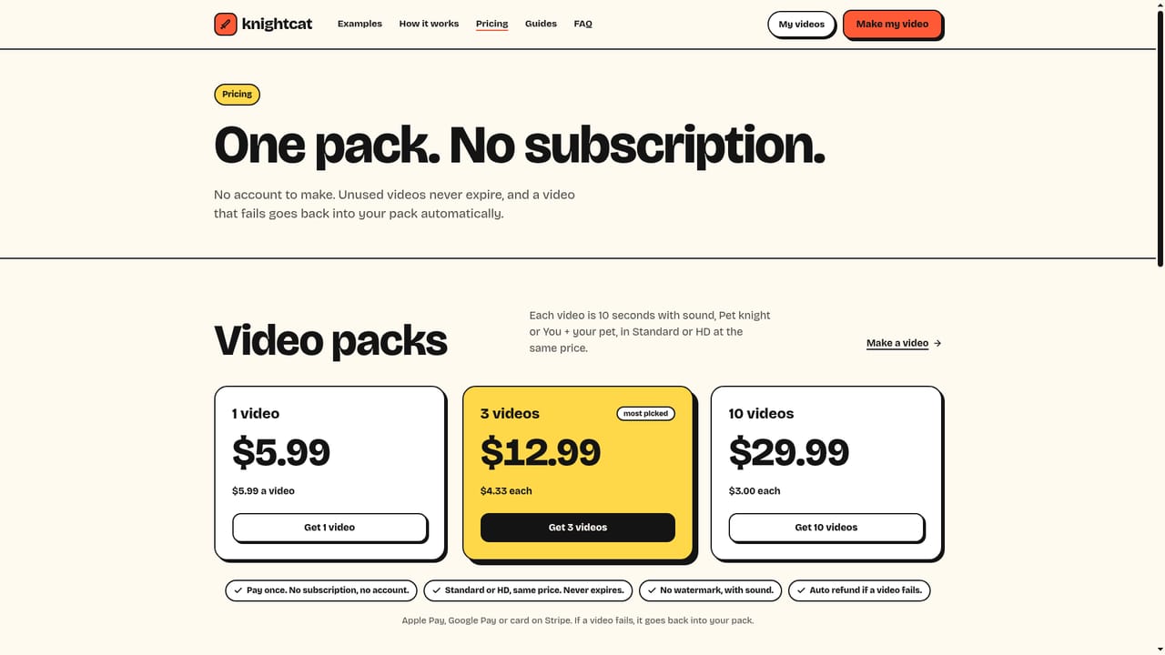 TryKnightCatAI — Choose a video pack and pay