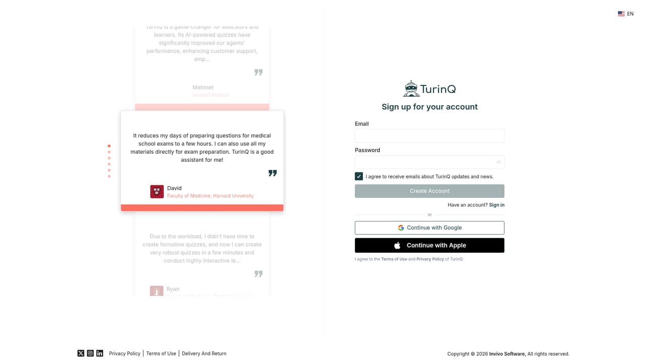 TurinQ — Create an account and open the workspace