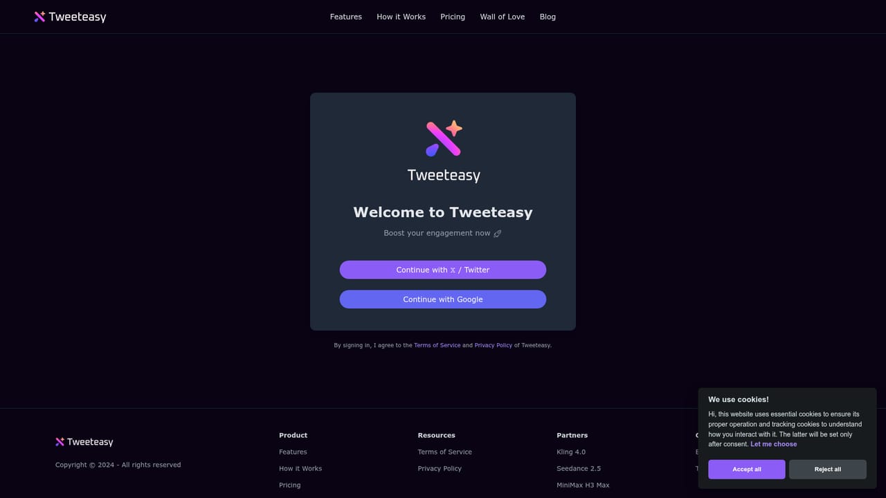 Tweeteasy — Create an account with X or Google