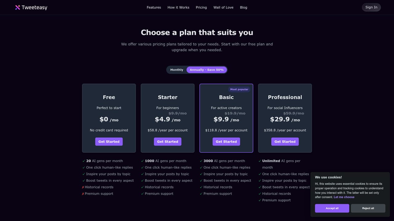 Tweeteasy — Compare plans before committing