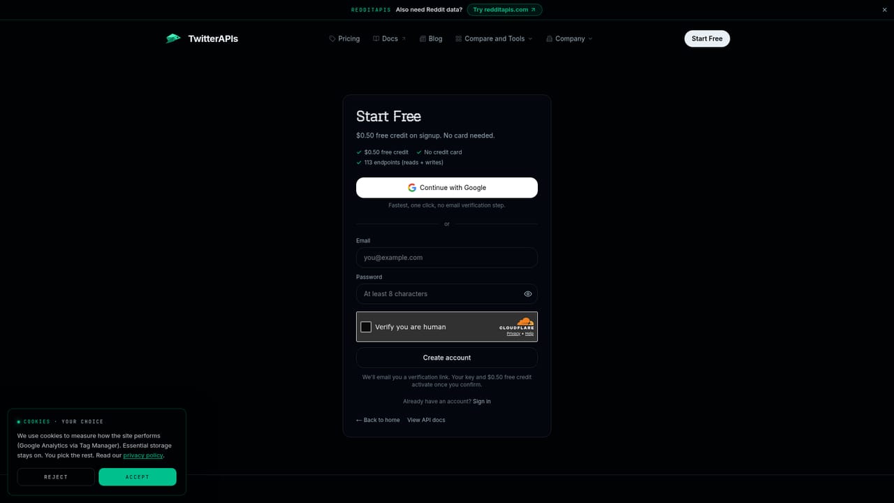 TwitterAPIs — Create a free account