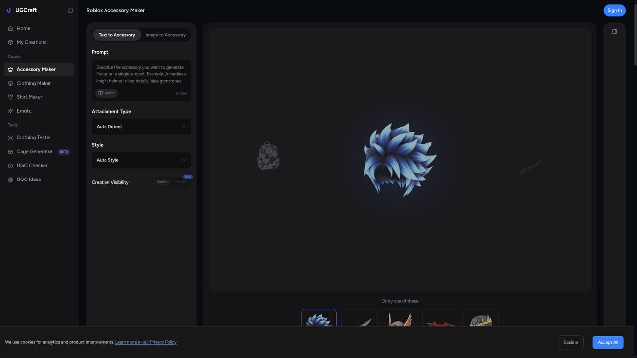 UGCraft AI — Open the accessory creator