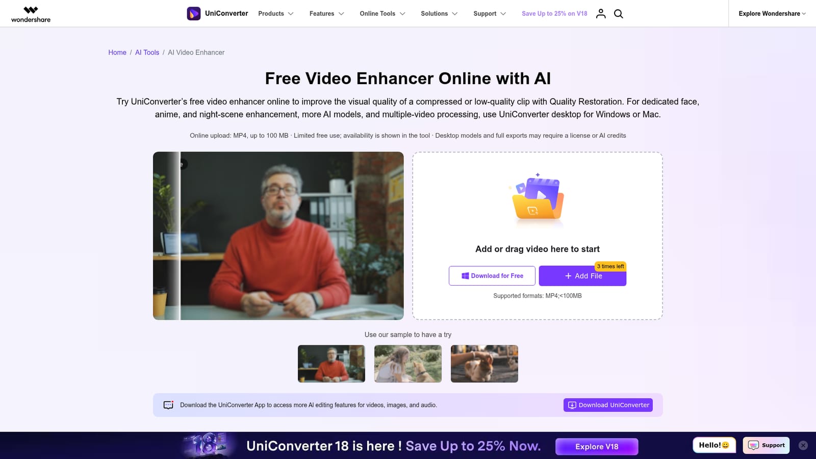 Uniconverter AI Video Enhancer — Compare the before and after preview
