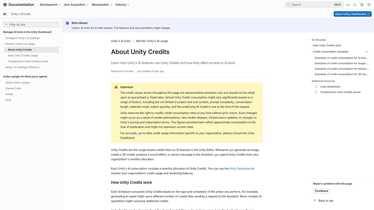 Unity — Check your credits in the dashboard