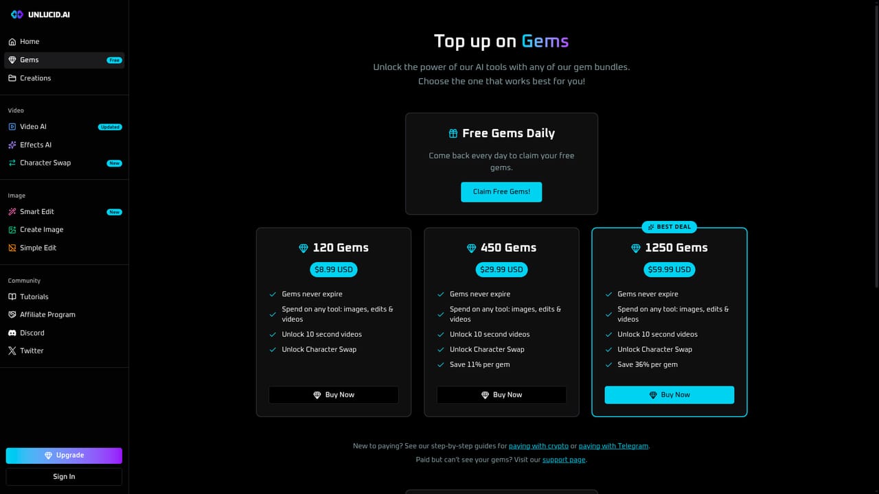 Unlucid AI — Create an account and collect Gems