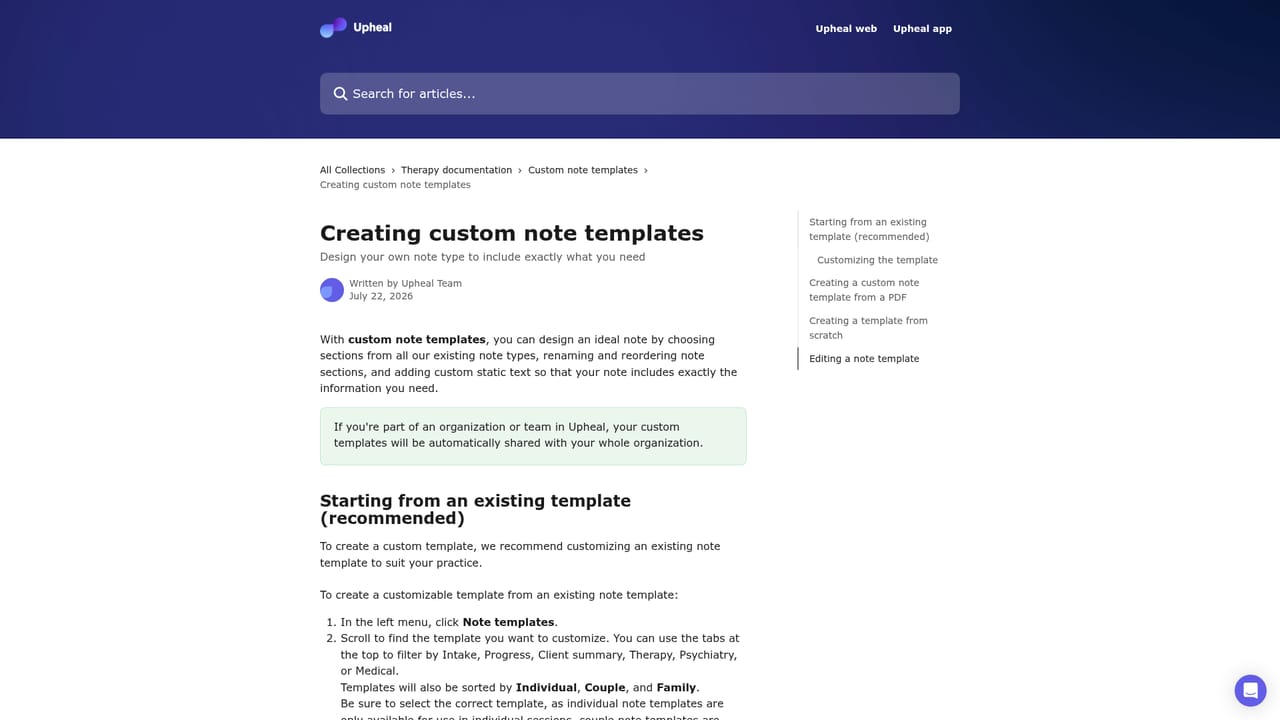 Upheal — Review note templates and set your style