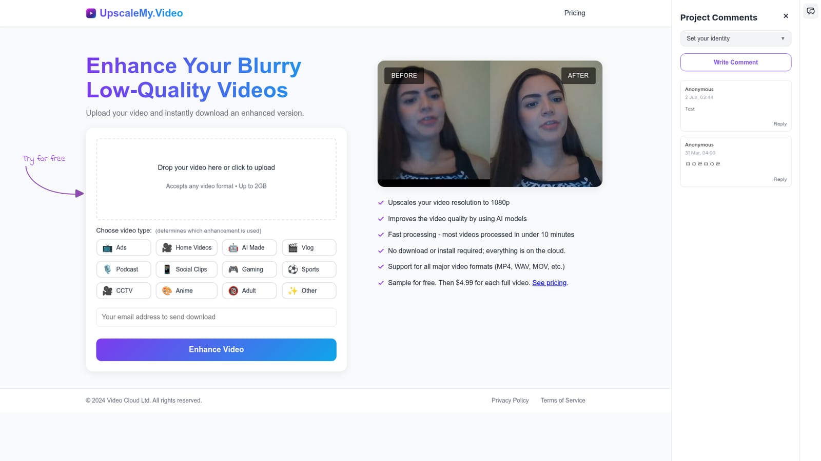 UpscaleMy.Video — Open the uploader on the homepage