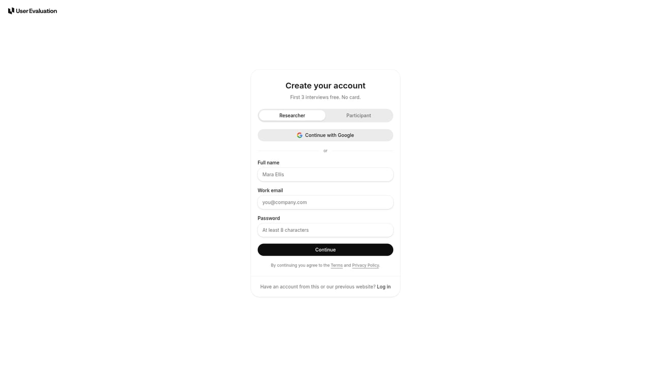 User Evaluation — Sign up and open a workspace