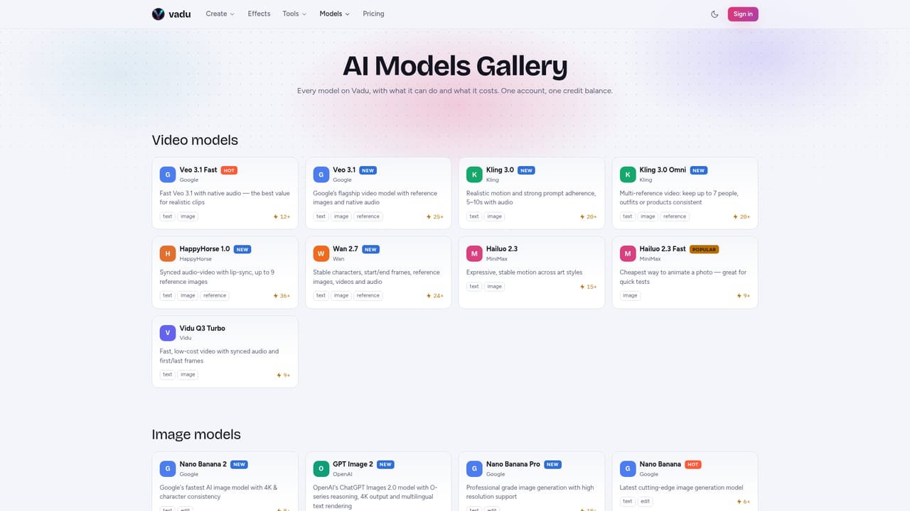 Vadu AI — Choose a video model