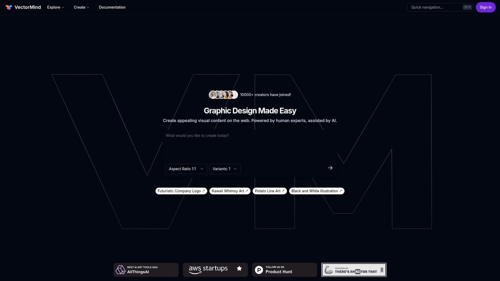 VectorMind — Pick a tool from the create menu
