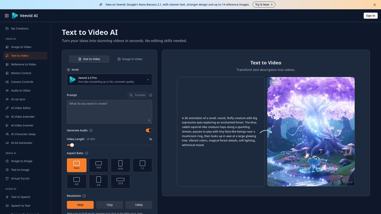 Veevid AI — Choose text-to-video or image-to-video