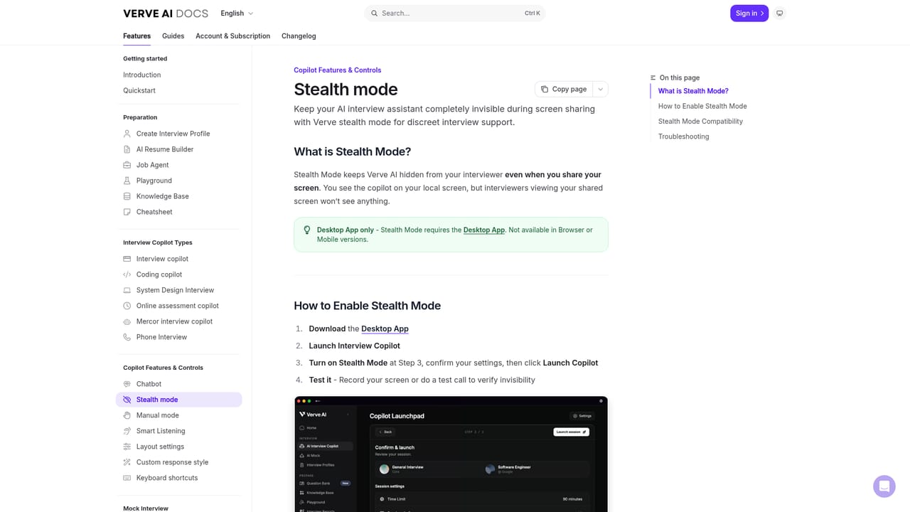 Verve AI — Pick a model and enable stealth mode