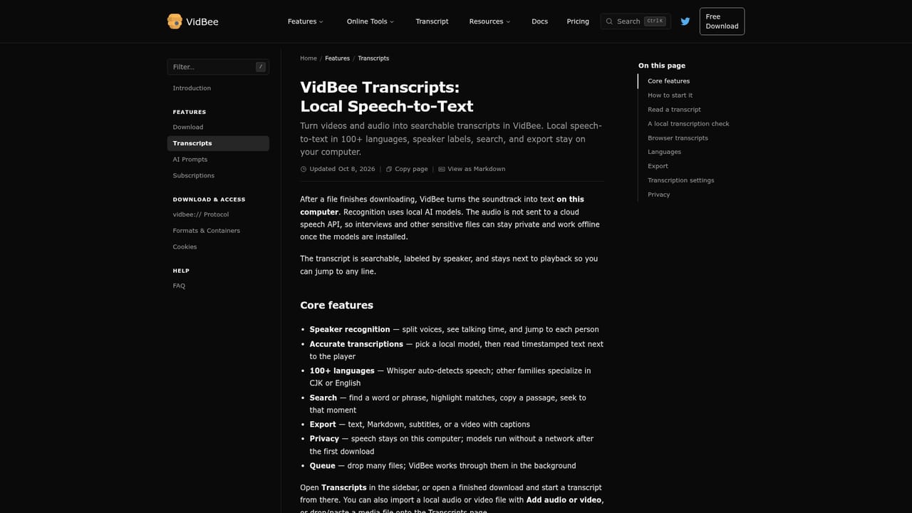 VidBee — Generate a local transcript