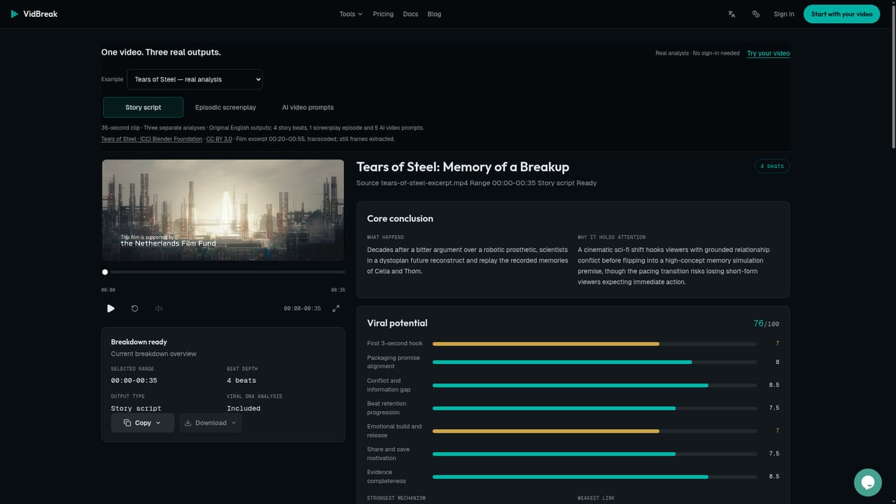 VidBreak — Compare a sample case before committing credits