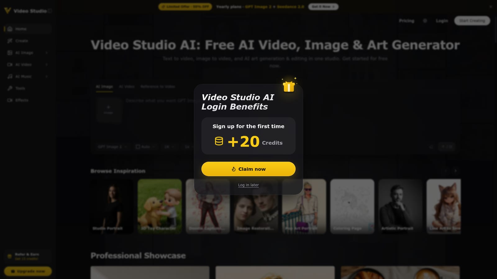 Video Studio AI — Create an account and claim signup credits