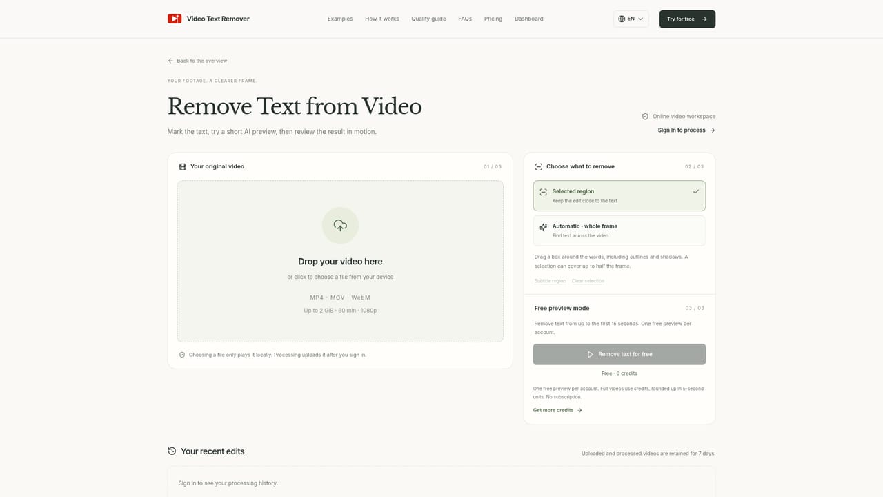 Video Text Remover — Play your clip locally