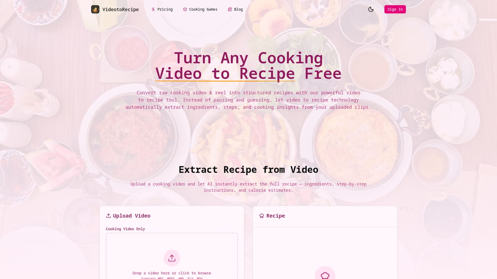 VideoToRecipe.org — Create an account and check your credits