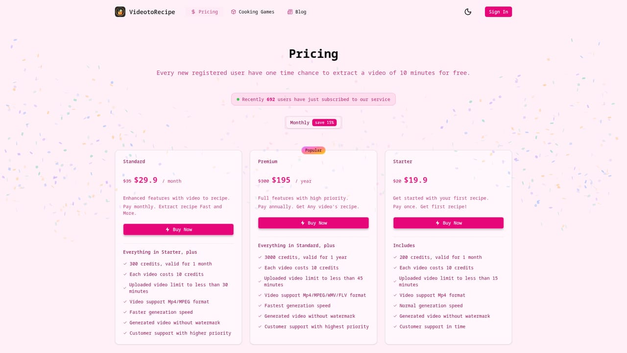 VideoToRecipe.org — Top up credits when the balance runs low