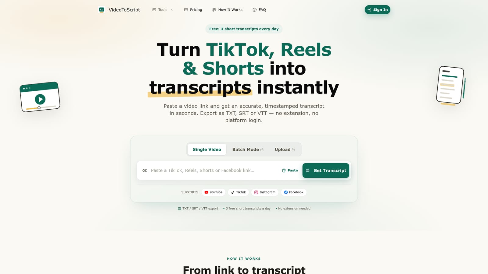 VideoToScript — Open the tool and choose a mode