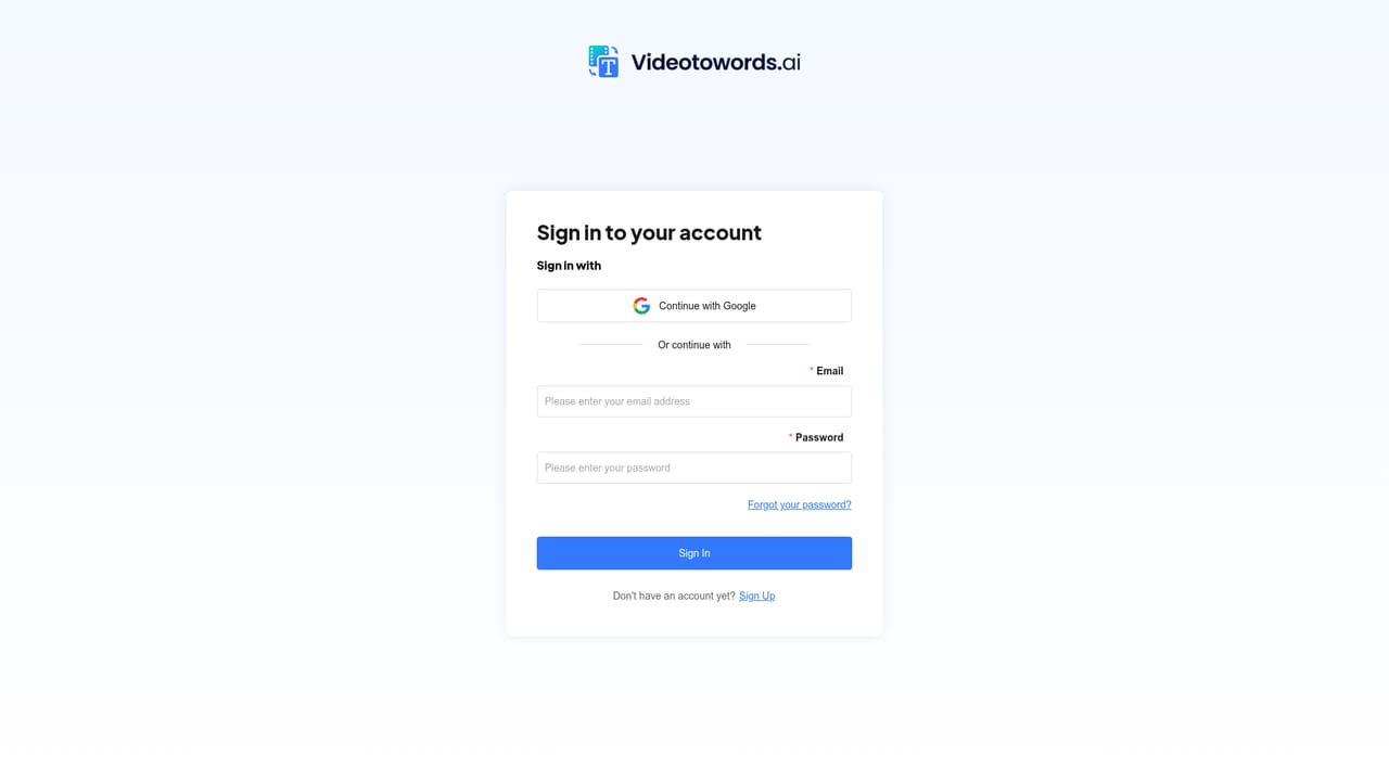 Videotowords AI — Create an account and open the dashboard
